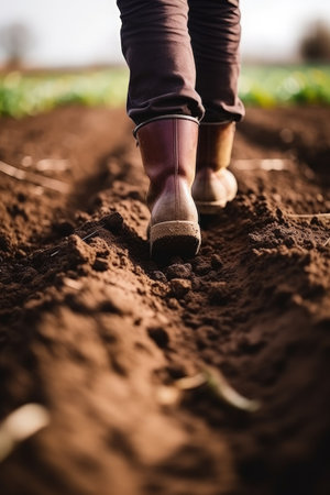 This image encapsulates the tireless efforts of a farmer, dedicating their time and energy to cultivating the land during the spring planting.の素材