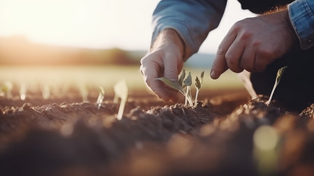 Witness the gentle touch of a farmers hands as they sow the seeds of hope and abundance in the springtime field.の素材