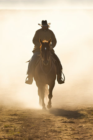 Silhouette of a man riding a horse wearing a cowboy hat in the dust of the prairie.の素材