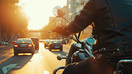 Fearlessly conquering the city streets, the motorcyclist exudes courage and audacity.の素材