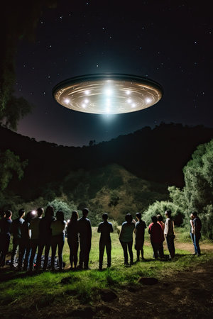 Contact with extraterrestrial civilizations. UFO - alien spaceship at night. Several people are fascinated looking at the UFO.の素材
