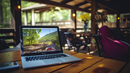 Remote work without external stimuli. Laptop on the desktop of a country house. A secluded place in the forest for productive work as a freelancer.の素材