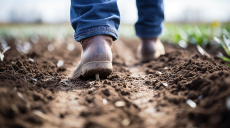 Capture the essence of the planting season with this close-up shot of a farmers feet, treading the soil for a successful crop.の素材