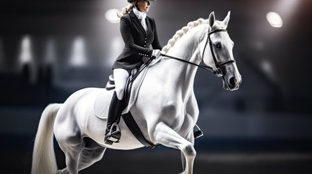 Dressage horse portrait before the competition. Photo on dark background.の素材