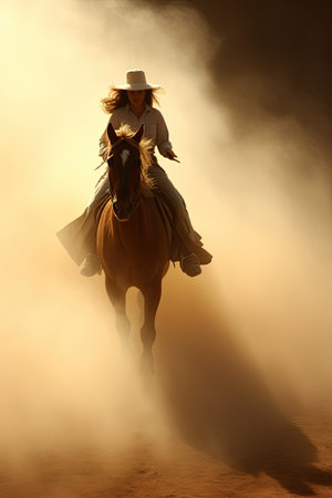A serious young woman riding a horse wearing a cowboy hat in the dust of the prairie. Female horse rider portrait. Vertical photo.の素材