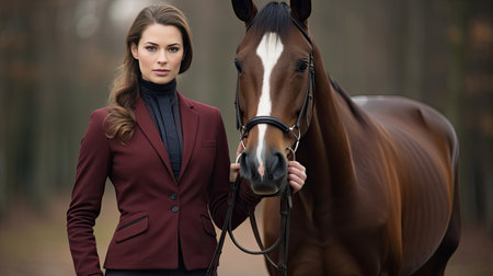 Dressage horse portrait before the competition. Photo on autumn forest background.の素材