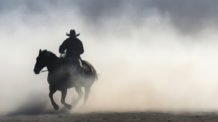 A man riding a horse wearing a cowboy hat in the dust of the prairie.の素材
