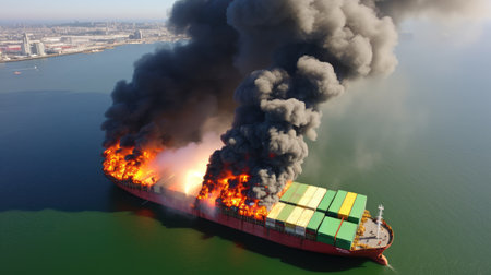 Fire on a container ship at sea. Shipping is one of the most important engines of the modern economy.の素材