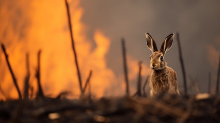 A resilient hare races against time, seeking refuge from the raging fire.の素材