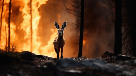 Through the haze of smoke, a hare emerges, a symbol of hope and survival. Hare in burning forest.の素材