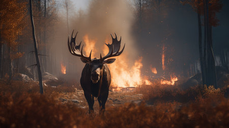 Amidst the chaos, a moose navigates the burning forest.の素材