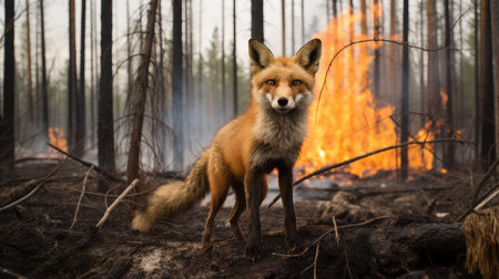 In the heart of the blaze, a cunning fox fearlessly surveys its burning domain, a true embodiment of survival.の素材