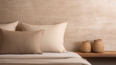 A cozy place for privacy. Cozy atmosphere of a small country house, illuminated by the dim light of a night lamp standing on the bedside table.の素材