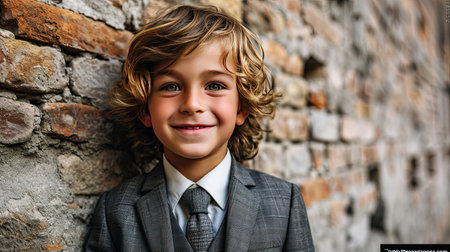 Close-up portrait of a teenager boy on a bricks wall background. Modern stylish portrait with fashion magazine style.の素材