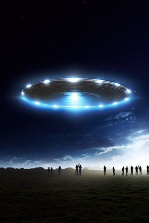 Contact with extraterrestrial civilizations. UFO - alien spaceship at night. Several people are fascinated looking at the UFO.の素材
