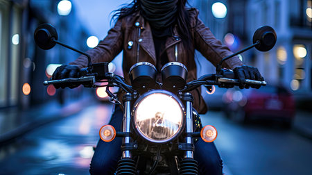 Female motorcyclist skillfully maneuvering through a night city streets on a powerful bike. The spirit of freedom and adrenaline as they conquer obstacles and navigate urban traffic. Cropped photo.の素材