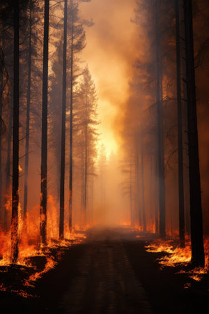 Explore the smoky aftermath of a forest fire, where the air is thick with ash and the once vibrant trees stand as blackened sentinels.の素材