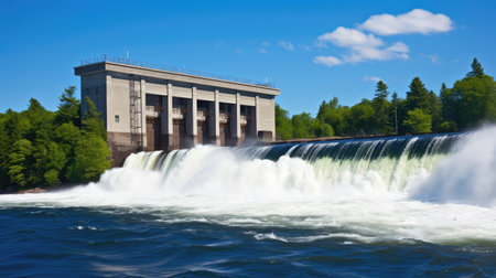 A mesmerizing long-exposure shot of water rushing through a hydroelectric dam, illustrating the beauty and power of renewable energy.の素材