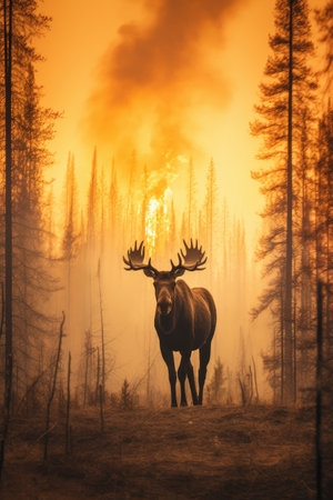 A symbol of resilience, a moose endures the flames embrace.の素材