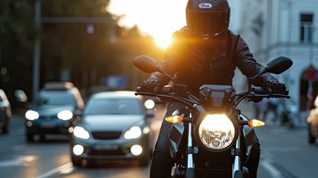 Captured in the photo, the motorcyclist defies the chaos of the city, embracing the excitement of the ride.の素材