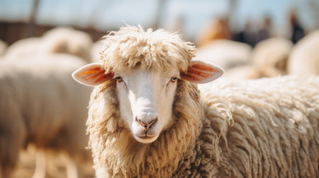 A sheep with a curious gaze, observing its surroundings with a sense of wonderの写真素材