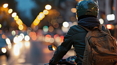 A motorcyclist on a bike overcomes urban challenges and obstacles, showcasing their skills and style. Excitement and energy of their urban ride, surrounded by bustling city streets. Cropped image.の素材