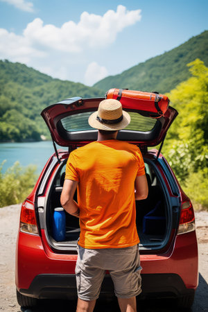 Travelling by car. Camping. A man stands with his back to the camera in front of the open trunk of a car with camping gear.の素材