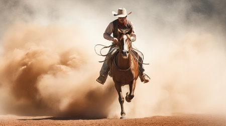 A man riding a horse wearing a cowboy hat in the dust of the prairie.の素材