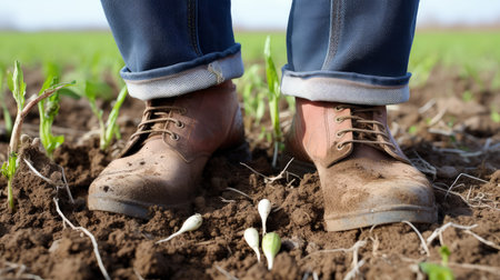 Immerse yourself in the world of agriculture as you observe a farmers footprints, marking the progress of their spring planting campaign.の素材