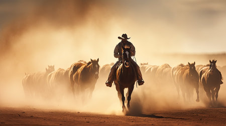 Cattle drivers. A man in a cowboy hat while driving a herd of horses. Portrait of a man on a horse. Hard work on the dusty prairies.の素材