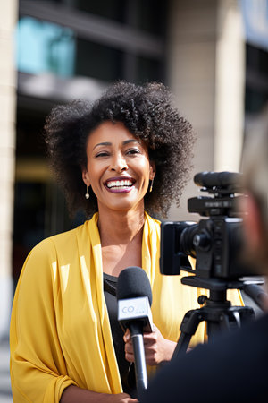 Television report. Female TV presenter covers the events and demonstration while standing in front of a television camera with a microphone. Outdoor.の素材