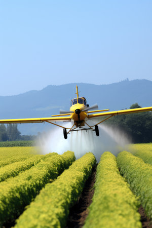 Crop Duster plane spraying crops. Spraying chemicals for accelerated crop growth. Dirty agribusiness.の素材