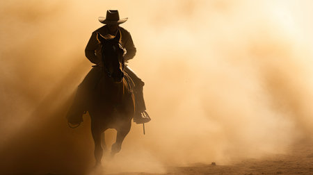 Silhouette of a man riding a horse wearing a cowboy hat in the dust of the prairie.の素材