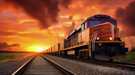 A freight train disappearing into the horizon, leaving behind a trail of billowing smoke.の素材