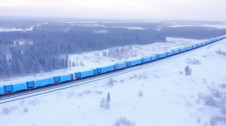 A freight train traveling through a snow-covered landscape, leaving behind tracks in the white canvas.の素材