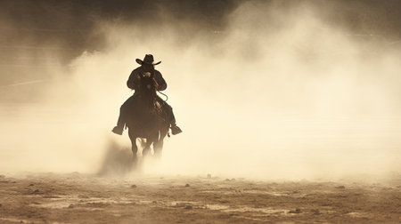 Silhouette of a man riding a horse wearing a cowboy hat in the dust of the prairie.の素材