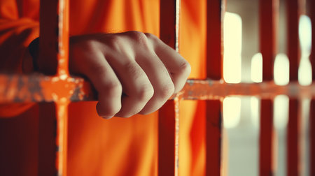 A close-up of weathered hands gripping prison bars, telling a story of regret, isolation, and the yearning for redemption. Prisoner behind bars. Male hand holding bar close-up.の素材