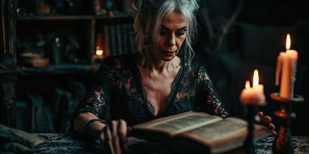In the hushed den, a witch in a lace gown utters an incantation, her spellbook bathed in the warm glow of candle flames, creating an aura of mystic allure.の素材
