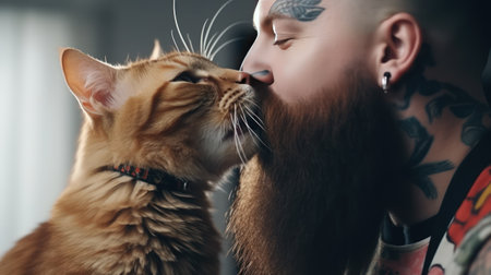 The man and his feline companion share a heartfelt embrace, their connection evident in every touch.の素材