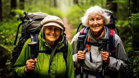 Active lifestyle of these retired women as they embrace the joy of backpacking. Surrounded by natures wonders, they radiate happiness and inspire others to pursue their passions, regardless of age.の素材