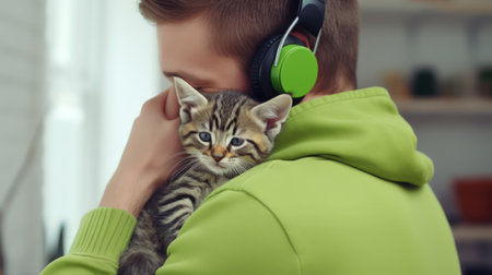 In this heartwarming image, the man envelops his cat in a warm embrace, a symbol of their unbreakable bond.の素材