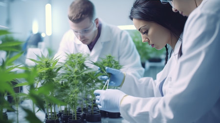 A group of doctors work in a laboratory studying medical varieties of cannabis.の素材