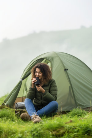 Happiness is being alone with yourself. Vertical photo of a female hiker enjoys a morning cup of coffee near her tent, alone with nature. Breath of the morning foggy forest and the spirit of freedom.の素材