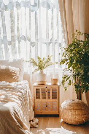 Cozy atmosphere of a wooden country house, where you can escape from the hustle and bustle of the city. Bedroom interior in a country house.の素材