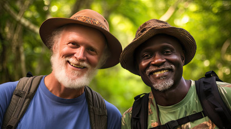 With each photo, the bond between these two hikers becomes more apparent. Their eyes sparkle with shared experiences, and their backpacks carry the weight of cherished memories.の素材