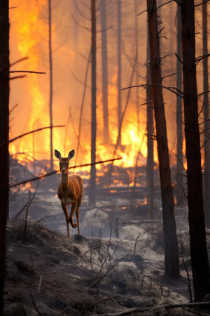 The presence of a deer amidst the scorching flames evokes a sense of empathy and concern for wildlifeの素材