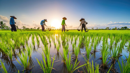 With determination etched on their faces, Asian men and women toil in unison, their hands working tirelessly to bring in the bountiful harvest that sustains their families.の素材