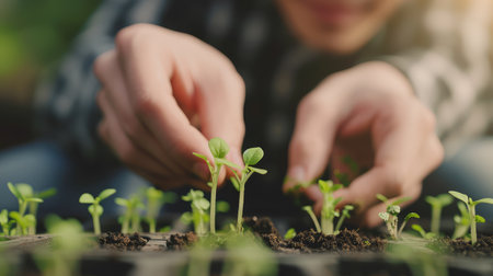 Amidst the whispers of nature, the mans hands work tirelessly, their touch a gentle reminder of the symbiotic relationship between humanity and the earth.の素材
