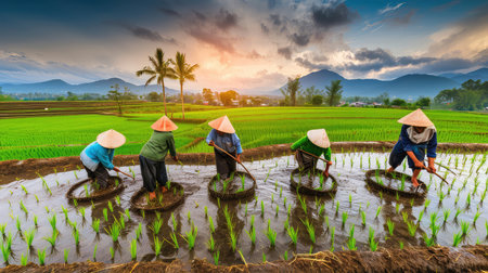 With each step into the rice field, Asian men and women embrace their roles as custodians of their heritage, their hands working in harmony to secure a prosperous future.の素材