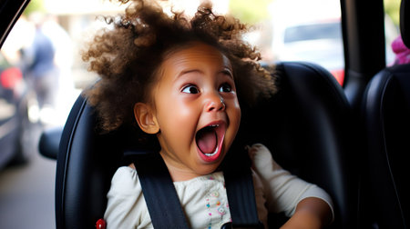 With a sense of adventure and anticipation, the happy child eagerly awaits the next destination from their cozy car seat.の素材